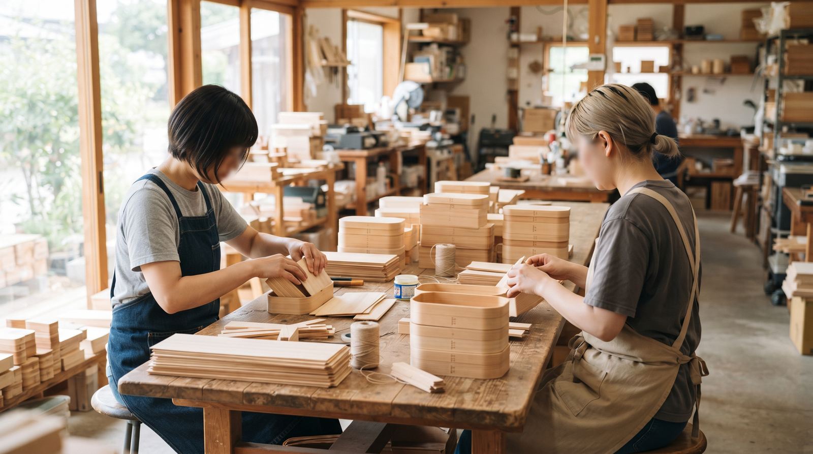 経木の折箱を組み立てる作業のようす