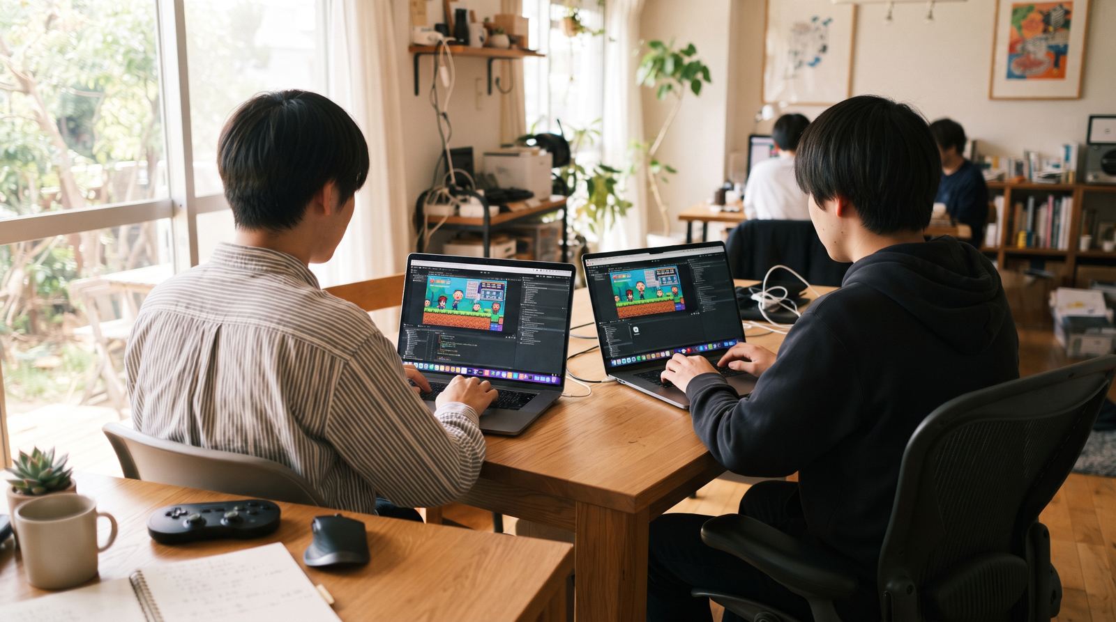 パソコンでゲームを制作する2人の後ろ姿