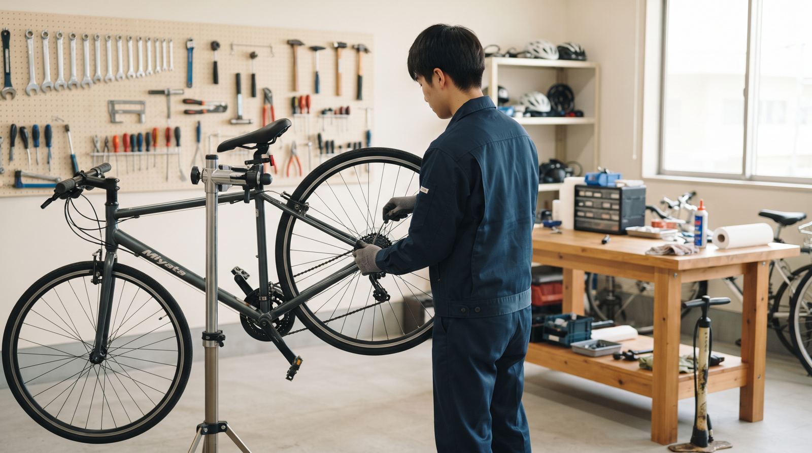 スタンドに固定した自転車を整備する作業者